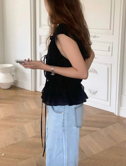 甜美V領綁帶無袖背心