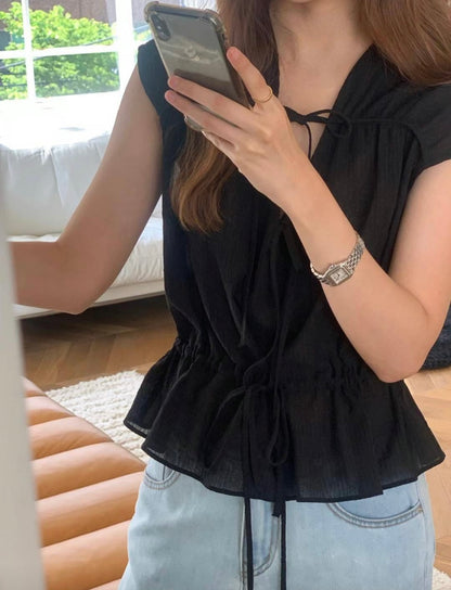 甜美V領綁帶無袖背心