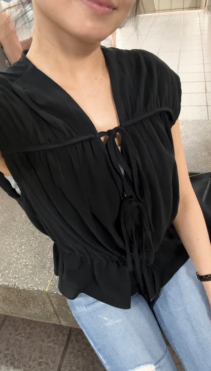 甜美V領綁帶無袖背心