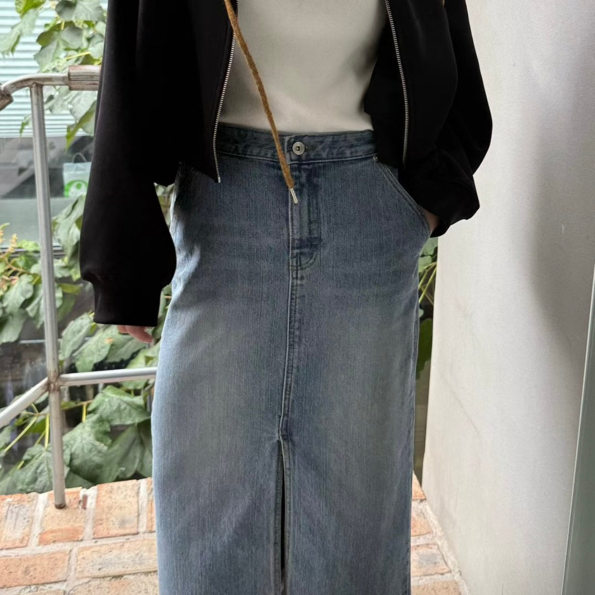 前開衩牛仔高腰長裙激瘦款