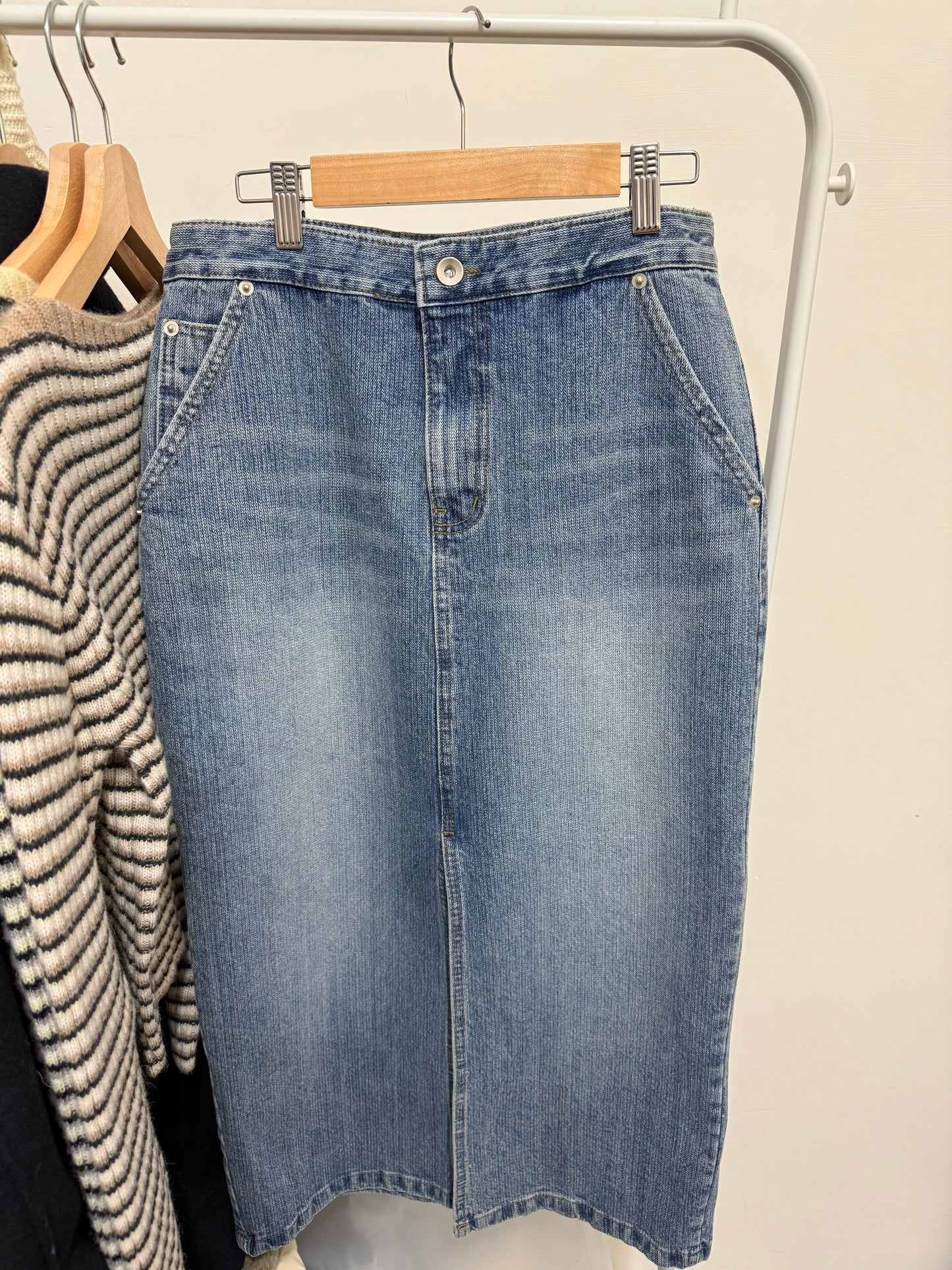 前開衩牛仔高腰長裙激瘦款