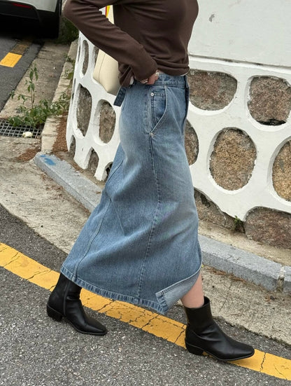 前開衩牛仔高腰長裙激瘦款