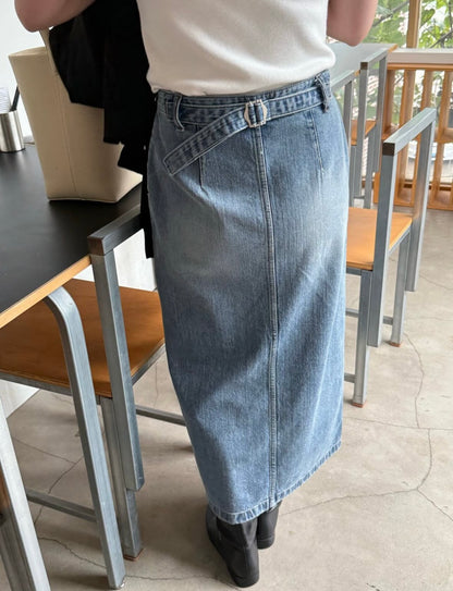 前開衩牛仔高腰長裙激瘦款