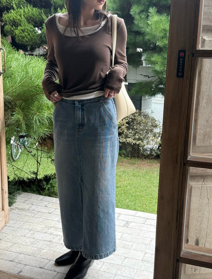 前開衩牛仔高腰長裙激瘦款