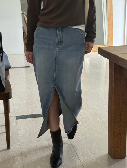 前開衩牛仔高腰長裙激瘦款